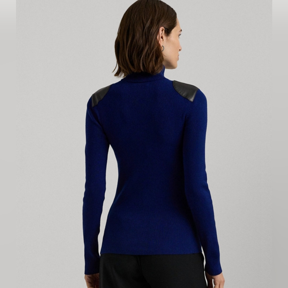RALPH LAUREN WOMEN'S NAVY FAUX LEATHER RIBBED TURTLENECK SWEATER SIZE LARGE - Picture 4 of 4